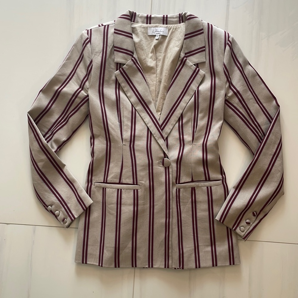L'Academie X Revolve Beige & Maroon Striped Oversized One Button Blazer